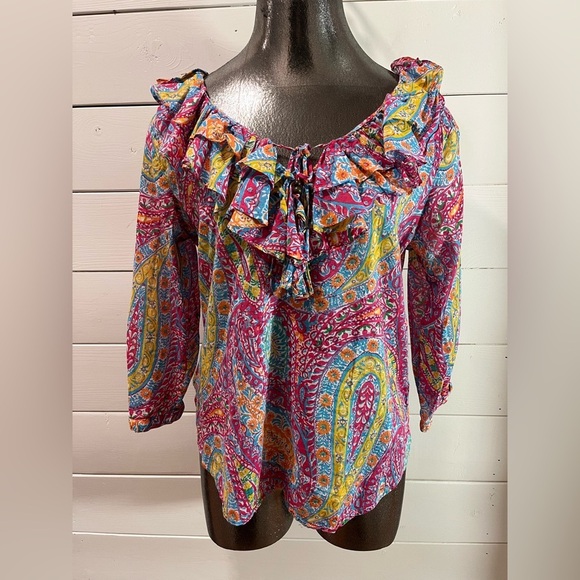 🩷 LAUREN RALPH LAUREN PETITE – Multicolour Paisley Ruffle Blouse – Size PL/G - Picture 1 of 11